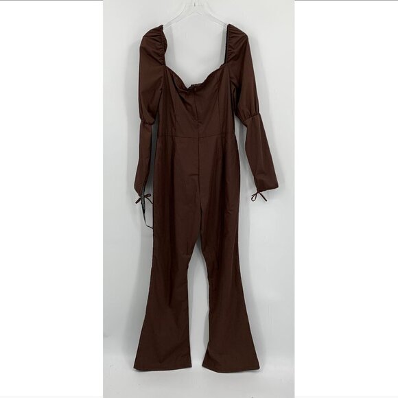 Pretty Little Thing puff sleeve lace-up waist jumpsuit chocolate brown new 12 - Picture 5 of 6